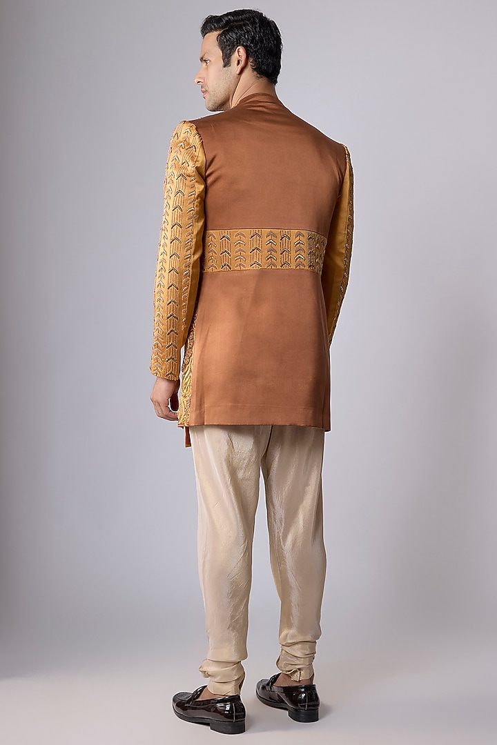 Yellow Silk Satin Zardosi Hand Embroidered Groom Sherwani Set by Dapper & Dare at Pernia's Pop Up Shop