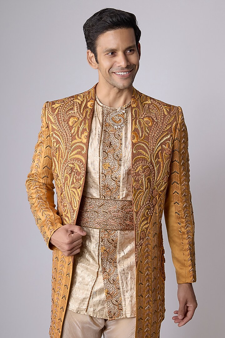 Yellow Silk Satin Zardosi Hand Embroidered Groom Sherwani Set by Dapper & Dare at Pernia's Pop Up Shop