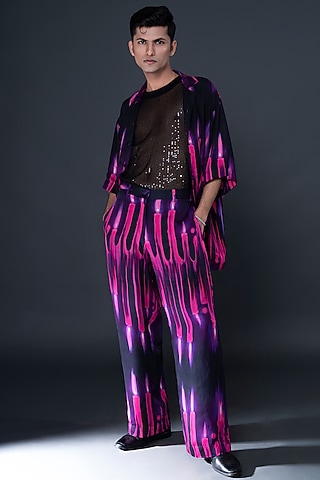 Black Modal Satin Digital Printed Pants by DARK HOUR
