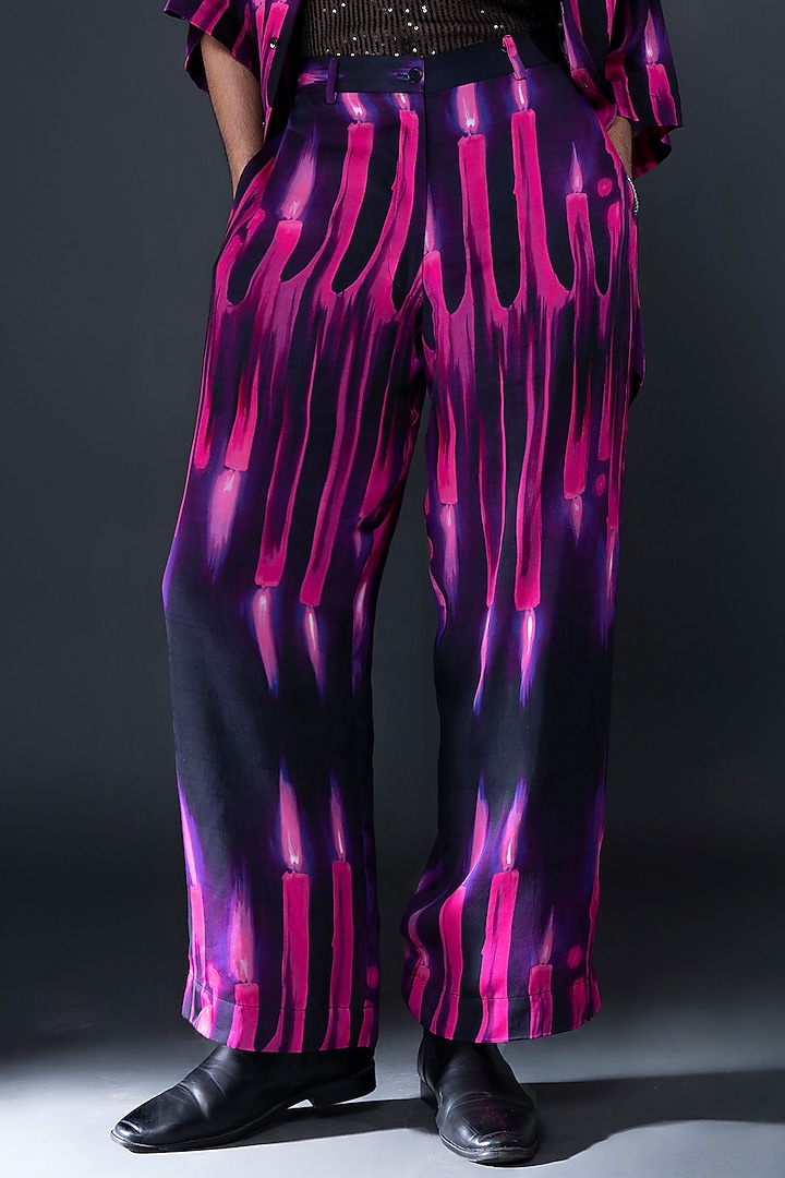 Black Modal Satin Digital Printed Pants by DARK HOUR at Pernia's Pop Up Shop