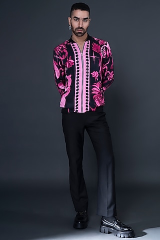 Black Viscose Satin Twill Digital Printed Bomber Jacket by DARK HOUR
