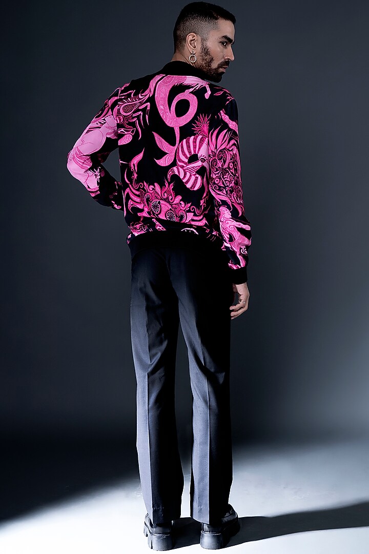 Black Viscose Satin Twill Digital Printed Bomber Jacket by DARK HOUR at Pernia's Pop Up Shop