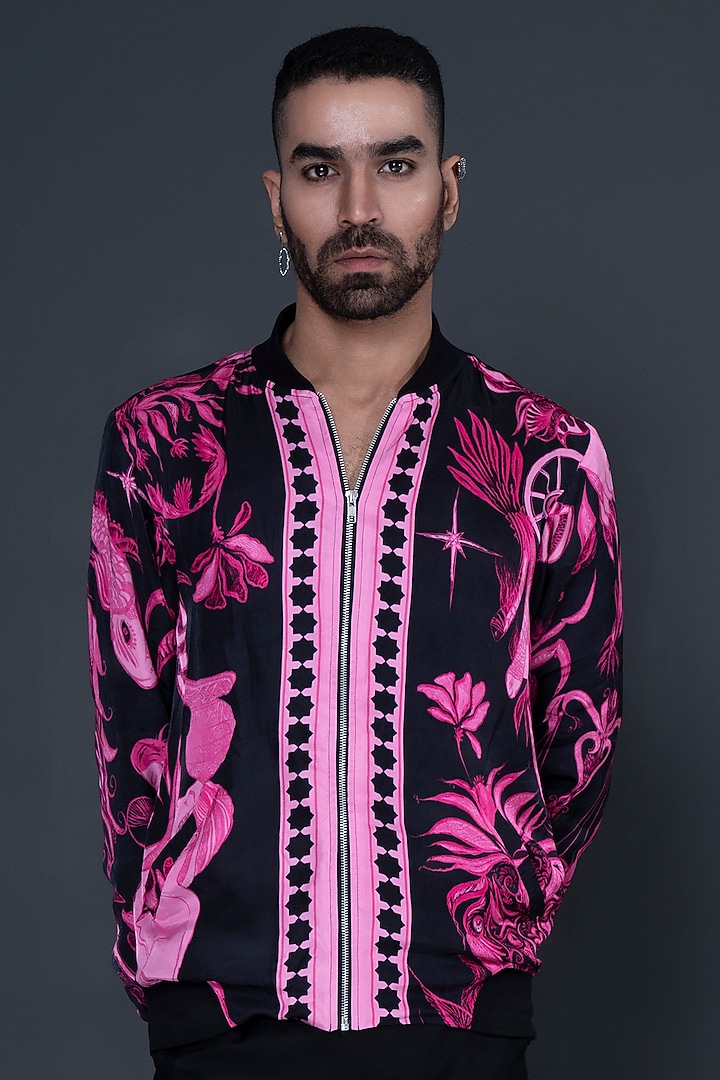Black Viscose Satin Twill Digital Printed Bomber Jacket by DARK HOUR at Pernia's Pop Up Shop