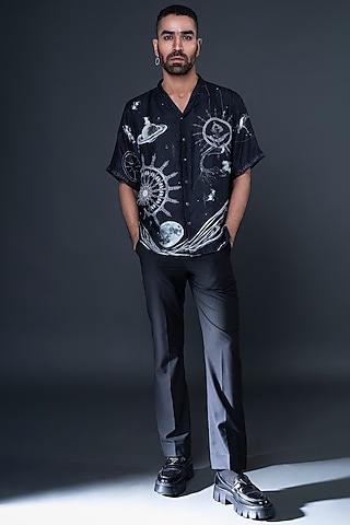 Black Silk Digital Printed Shirt by DARK HOUR
