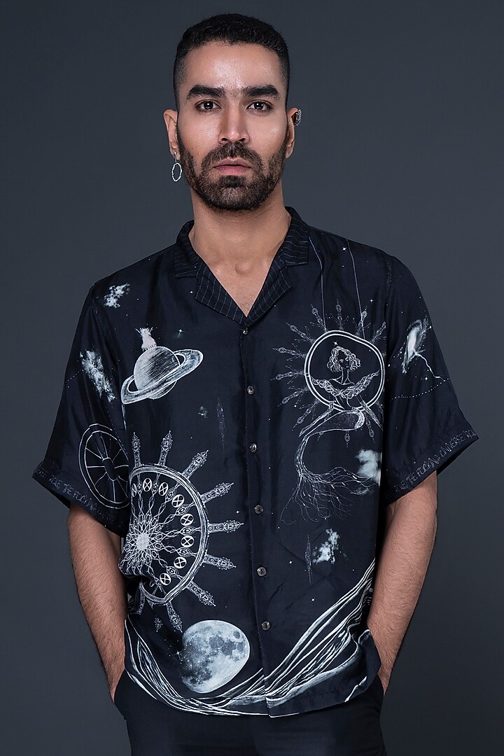 Black Silk Digital Printed Party Wear Shirt by DARK HOUR at Pernia's Pop Up Shop
