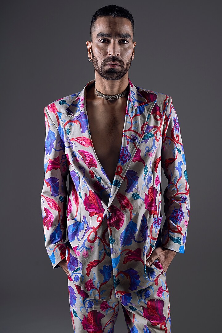 Beige Cotton Suiting Digital Printed Blazer Set by DARK HOUR at Pernia's Pop Up Shop