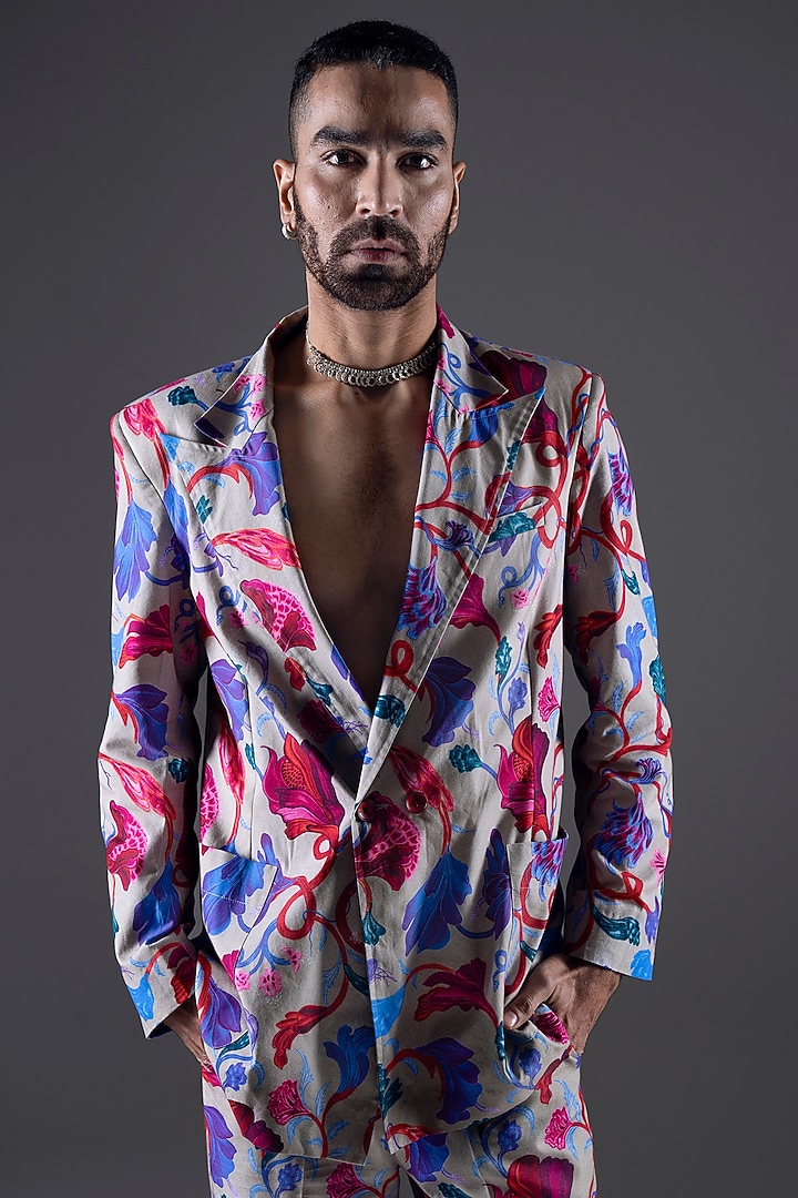 Beige Cotton Suiting Digital Printed Blazer by DARK HOUR at Pernia's Pop Up Shop