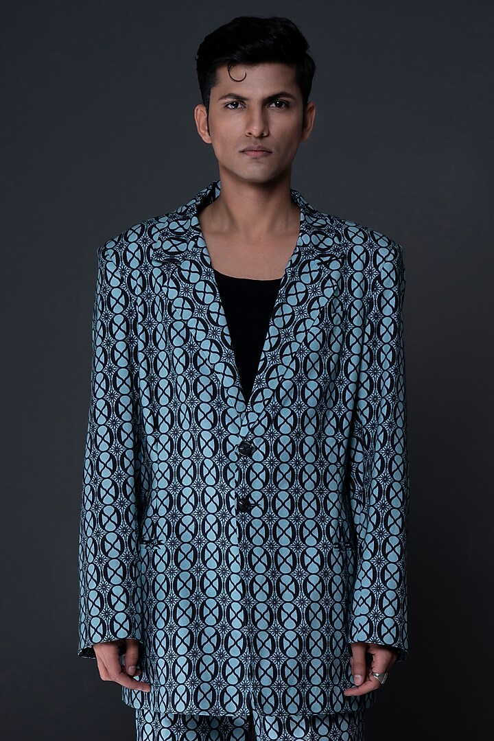 Green Cotton Suiting Digital Printed Blazer by DARK HOUR at Pernia's Pop Up Shop