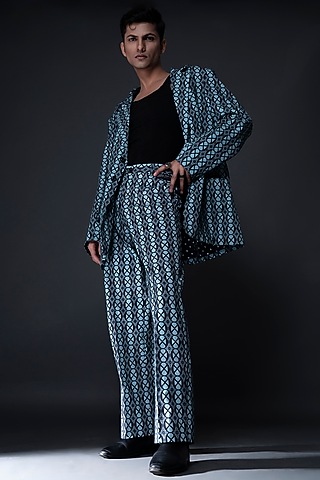 Green Cotton Suiting Digital Printed Pants by DARK HOUR