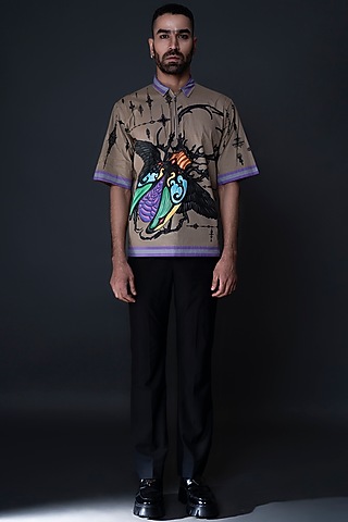 Beige Cotton Satin Digital Printed Shirt by DARK HOUR