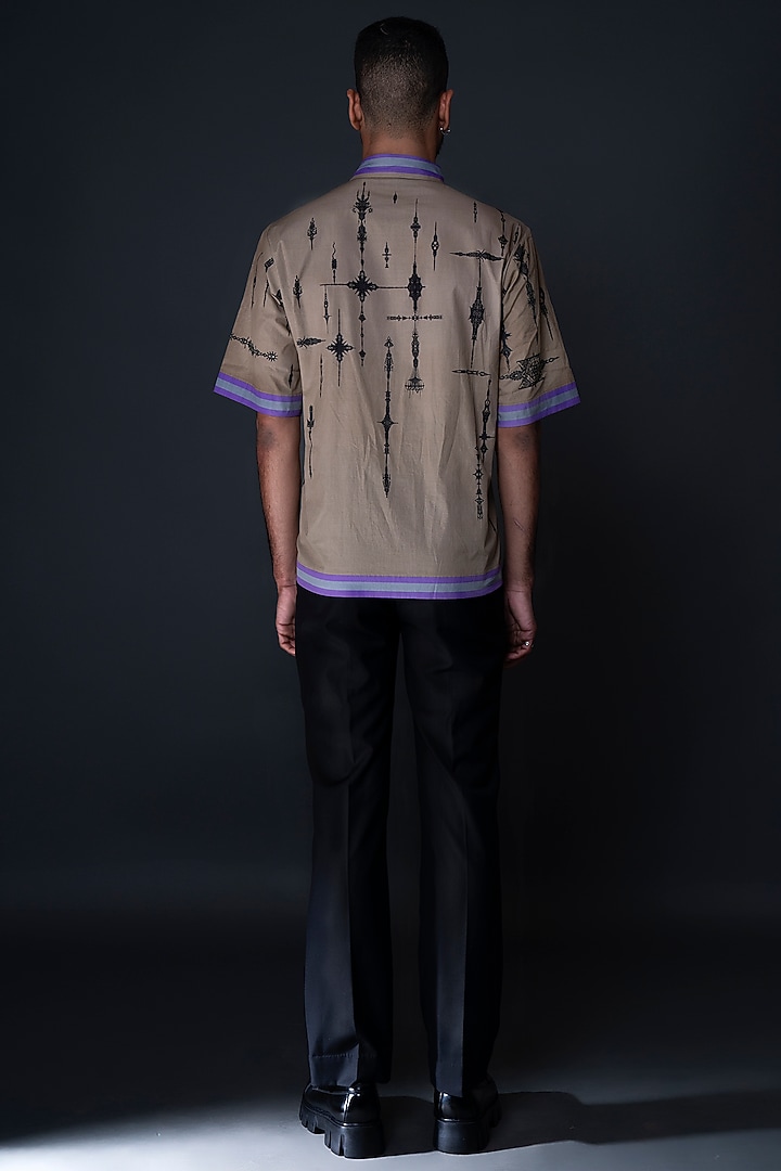 Beige Cotton Satin Digital Printed Party Wear Shirt by DARK HOUR at Pernia's Pop Up Shop
