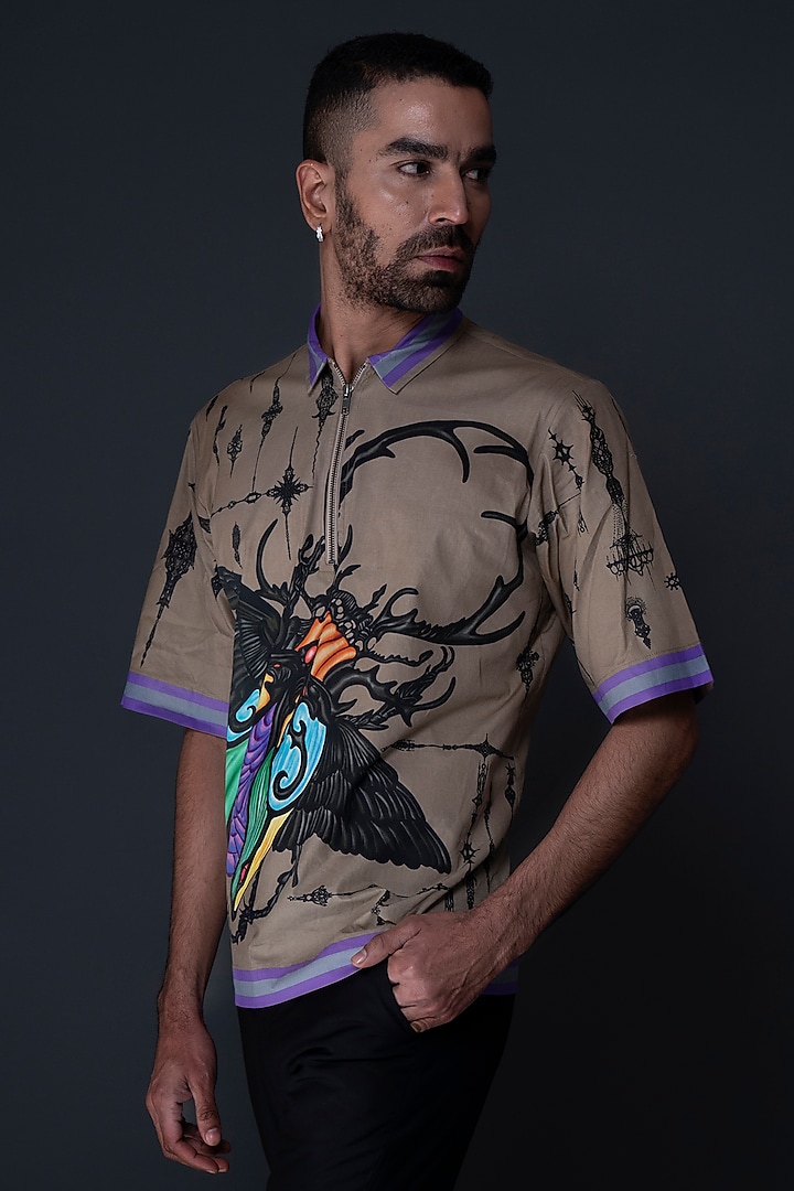 Beige Cotton Satin Digital Printed Party Wear Shirt by DARK HOUR at Pernia's Pop Up Shop