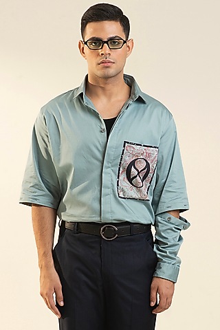 Pale Mint Green Cotton Satin Printed Shirt by DARK HOUR