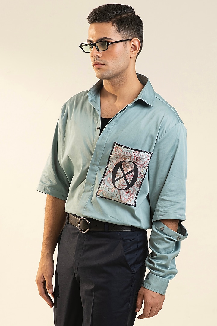 Pale Mint Green Cotton Satin Printed Party Wear Shirt by DARK HOUR at Pernia's Pop Up Shop