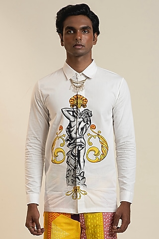 White Cotton Digital Printed Shirt by DARK HOUR