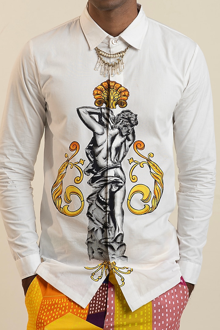 White Cotton Digital Printed Party Wear Shirt by DARK HOUR at Pernia's Pop Up Shop