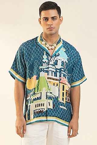 Teal Blue Silk Digital Printed Shirt by DARK HOUR