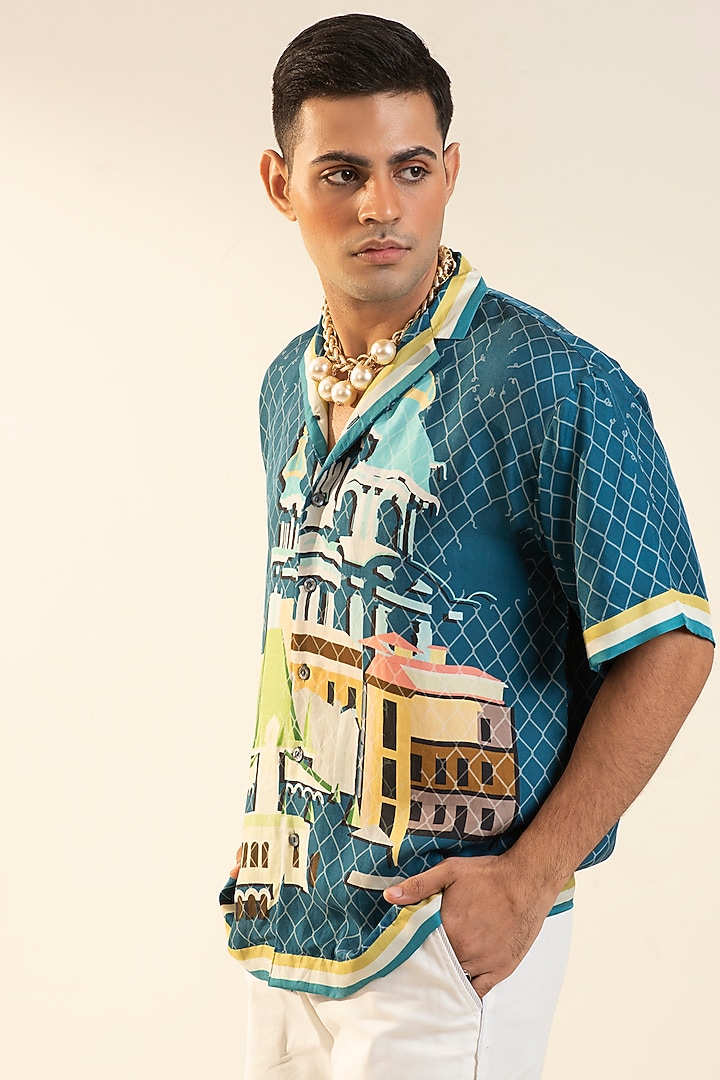 Teal Blue Silk Digital Printed Party Wear Shirt by DARK HOUR at Pernia's Pop Up Shop