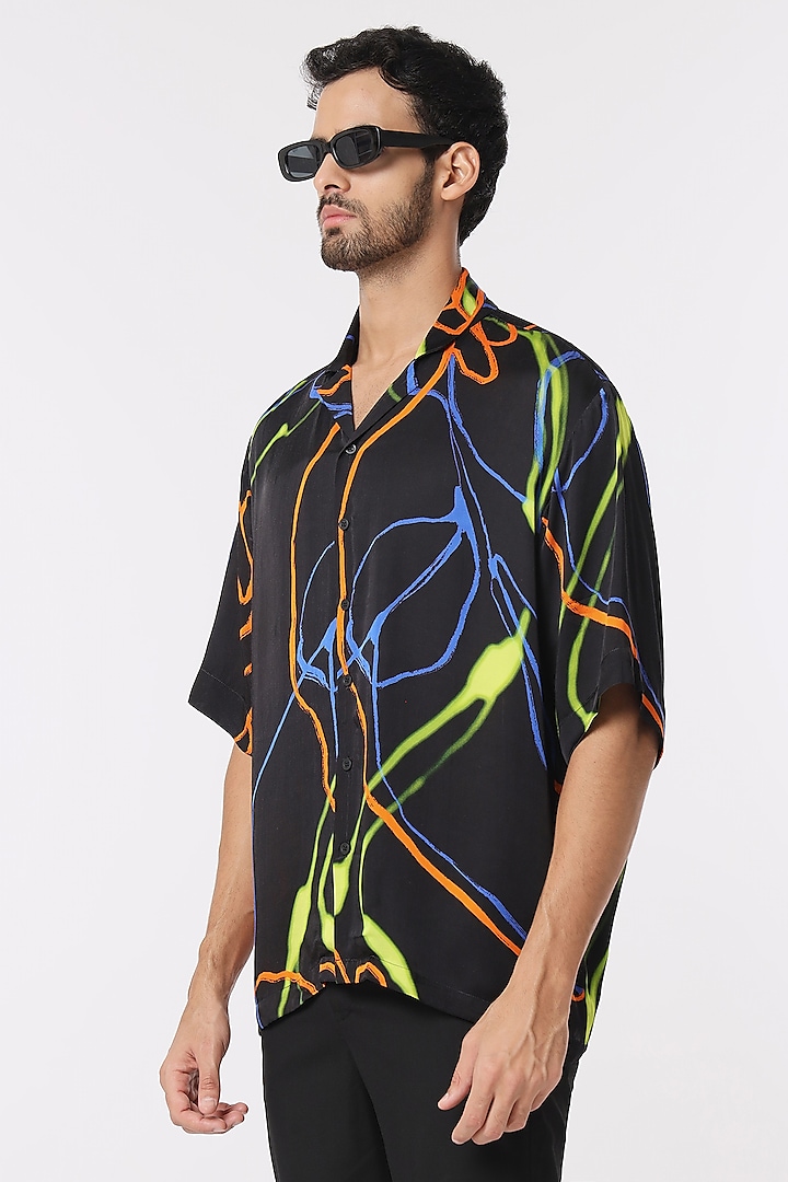 Black Modal Satin Digital Printed Shirt by DARK HOUR