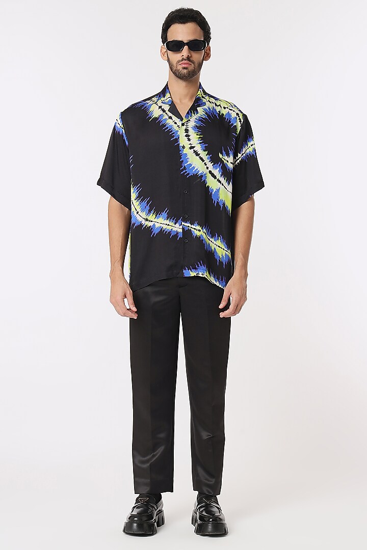 Black Modal Satin Digital Printed Party Wear Shirt by DARK HOUR at Pernia's Pop Up Shop