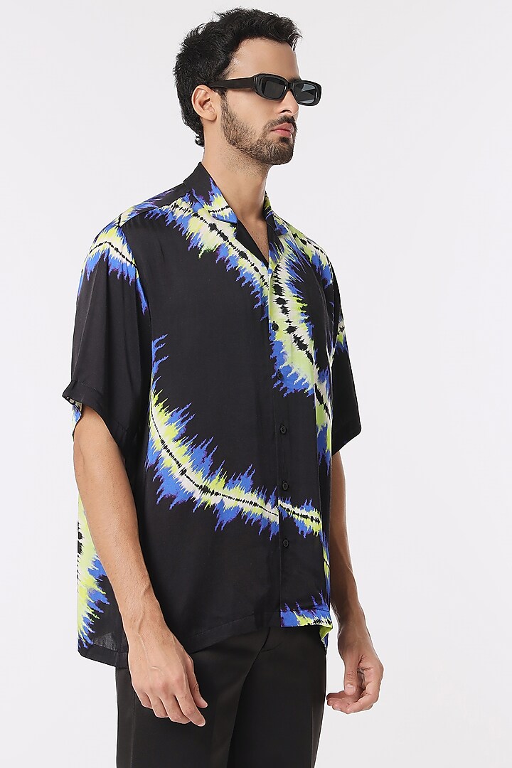 Black Modal Satin Digital Printed Party Wear Shirt by DARK HOUR at Pernia's Pop Up Shop