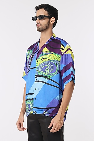 Blue Modal Satin Digital Printed Shirt by DARK HOUR