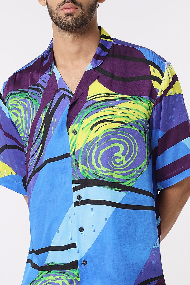 Blue Modal Satin Digital Printed Party Wear Shirt by DARK HOUR at Pernia's Pop Up Shop