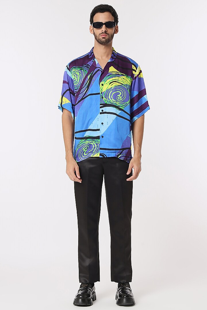 Blue Modal Satin Digital Printed Party Wear Shirt by DARK HOUR at Pernia's Pop Up Shop