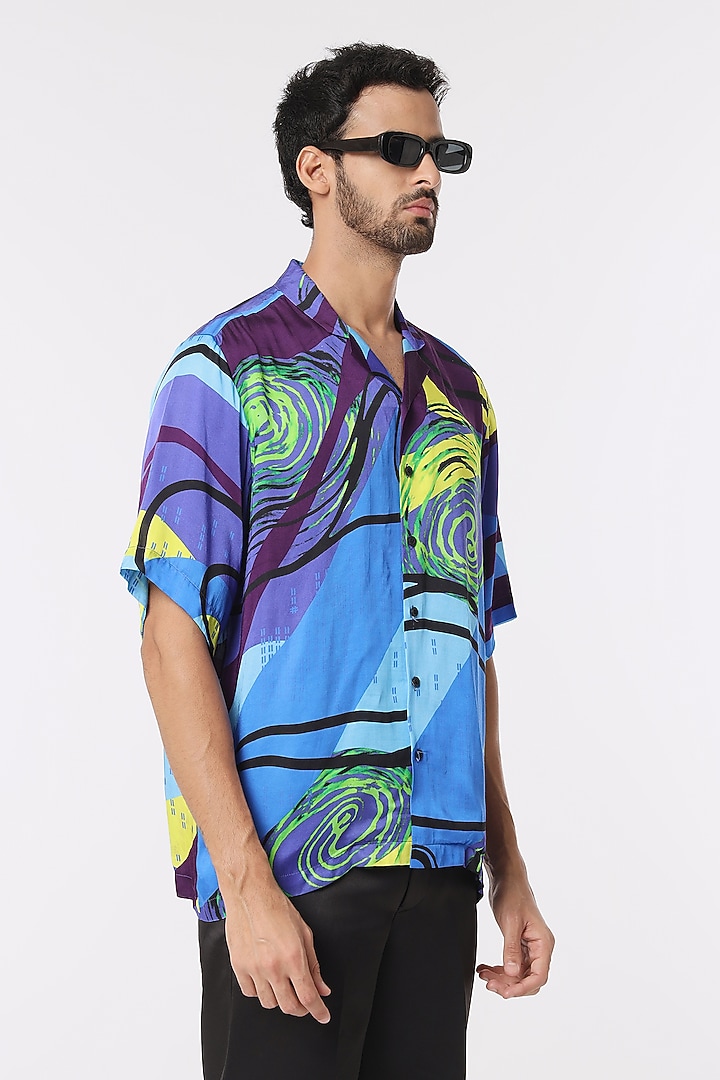 Blue Modal Satin Digital Printed Party Wear Shirt by DARK HOUR at Pernia's Pop Up Shop
