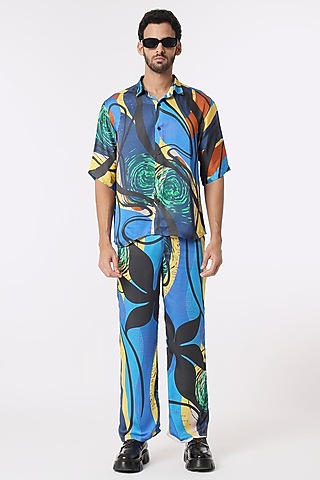 Blue Modal Satin Digital Printed Pant Set by DARK HOUR
