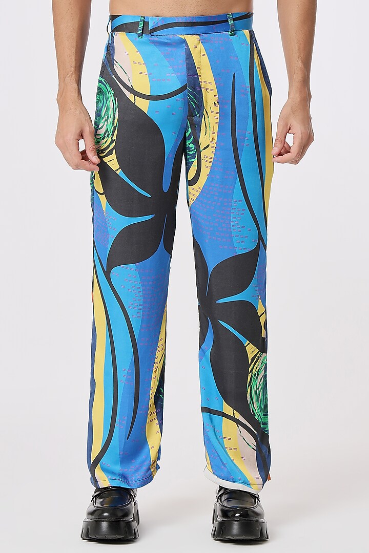 Blue Modal Satin Digital Printed Pant Set by DARK HOUR at Pernia's Pop Up Shop