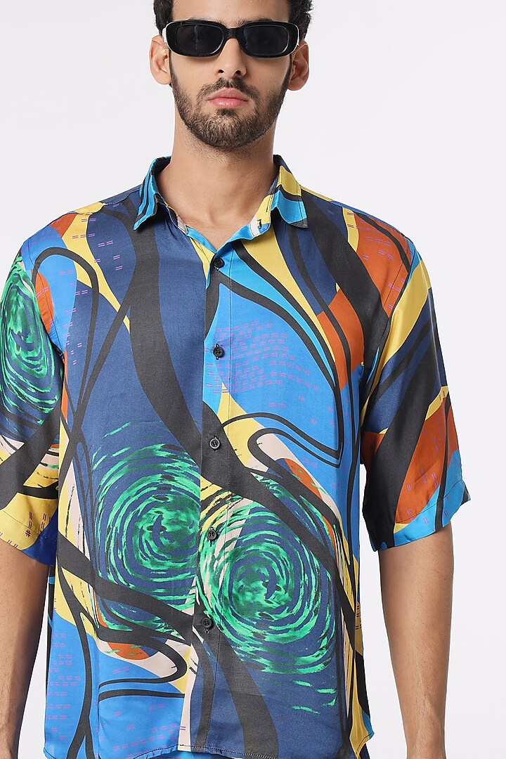 Blue Modal Satin Digital Printed Pant Set by DARK HOUR at Pernia's Pop Up Shop