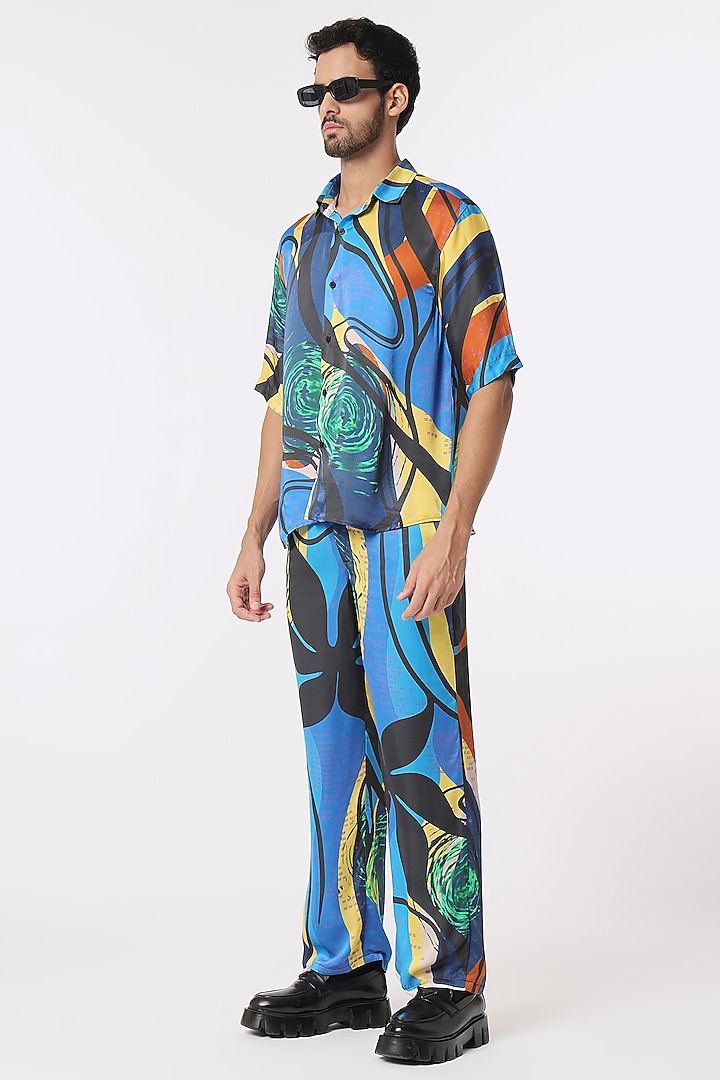 Blue Modal Satin Digital Printed Pant Set by DARK HOUR at Pernia's Pop Up Shop
