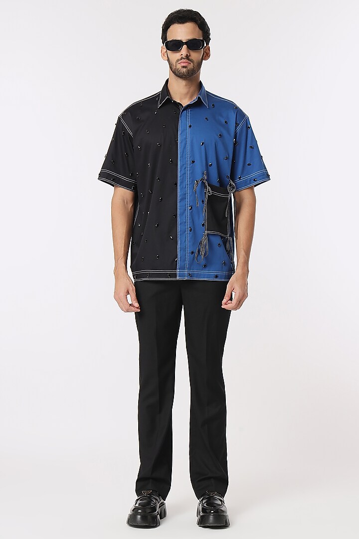 Black & Blue Cotton Satin Color Blocked Party Wear Shirt by DARK HOUR at Pernia's Pop Up Shop
