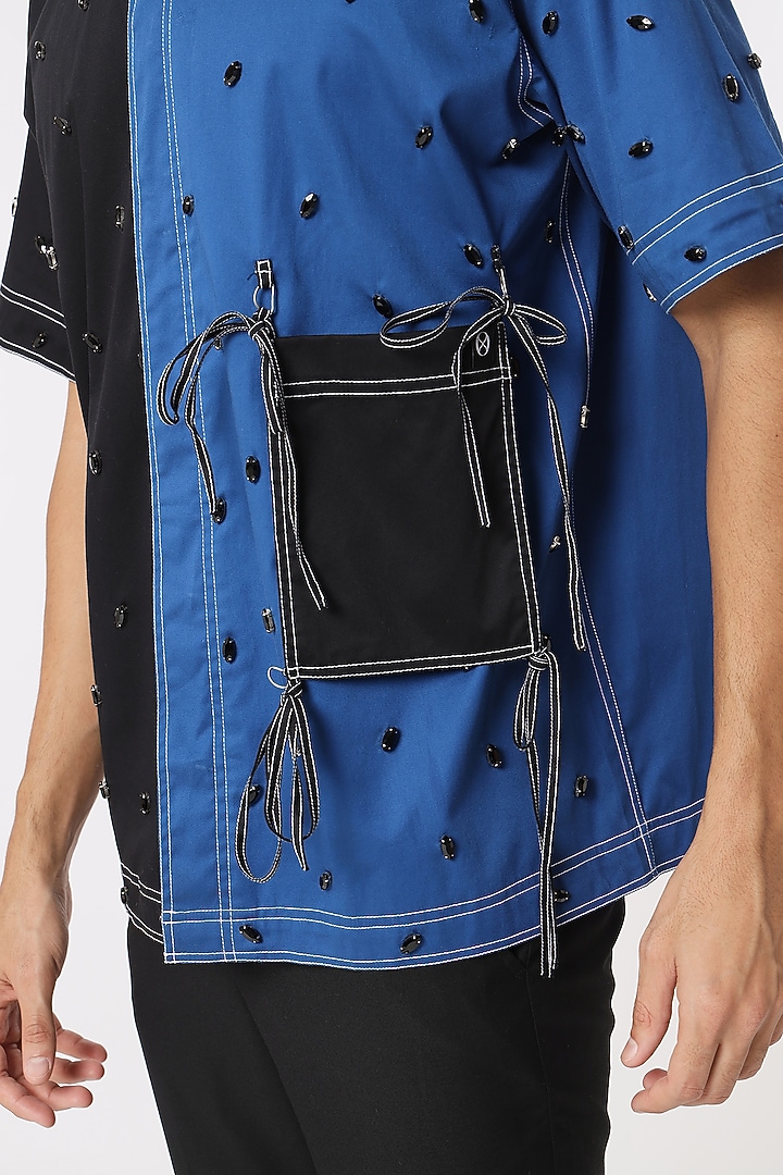 Black & Blue Cotton Satin Color Blocked Party Wear Shirt by DARK HOUR at Pernia's Pop Up Shop