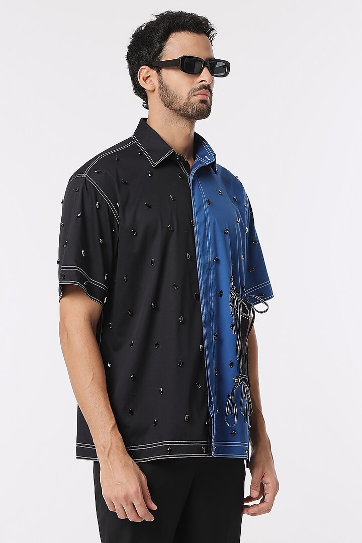 Black & Blue Cotton Satin Color Blocked Party Wear Shirt by DARK HOUR at Pernia's Pop Up Shop