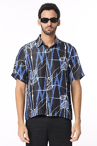 Black Silk Graphic Printed Shirt by DARK HOUR