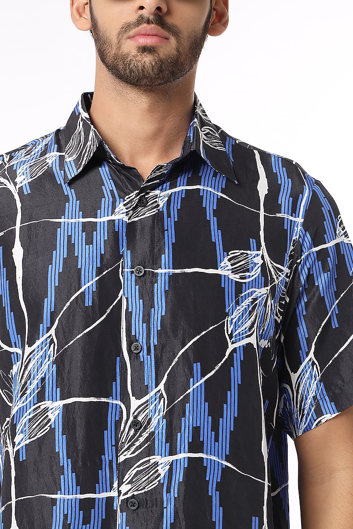 Black Silk Graphic Printed Party Wear Shirt by DARK HOUR at Pernia's Pop Up Shop