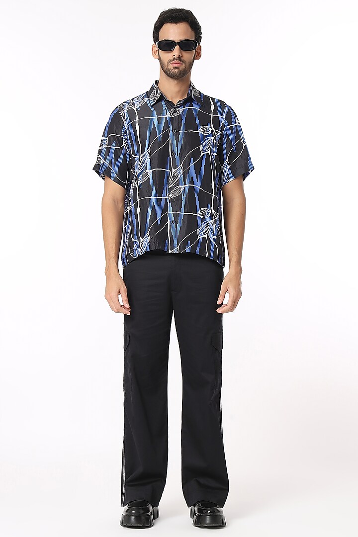 Black Silk Graphic Printed Party Wear Shirt by DARK HOUR at Pernia's Pop Up Shop