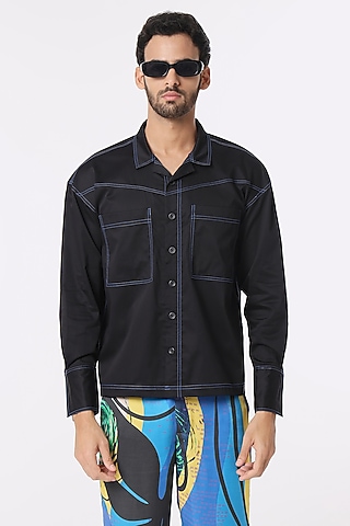 Black Cotton Satin Shirt by DARK HOUR
