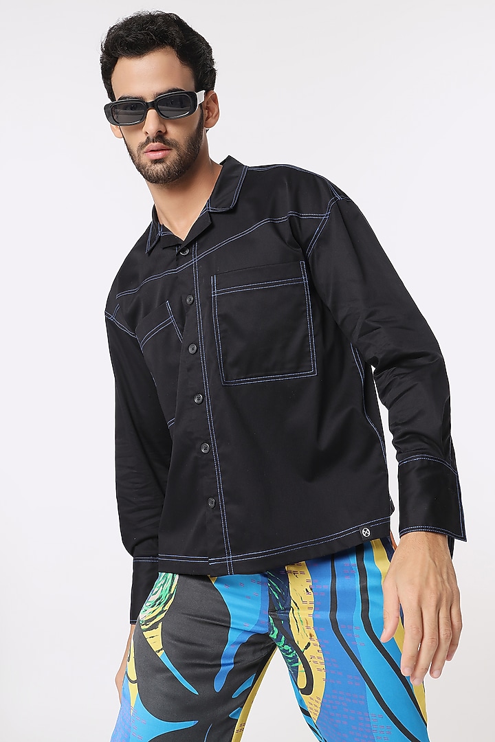 Black Cotton Satin Party Wear Shirt by DARK HOUR at Pernia's Pop Up Shop