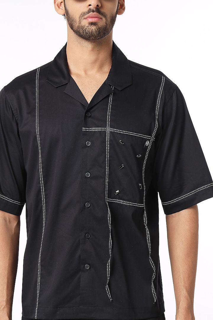 Black Cotton Satin Party Wear Shirt by DARK HOUR at Pernia's Pop Up Shop