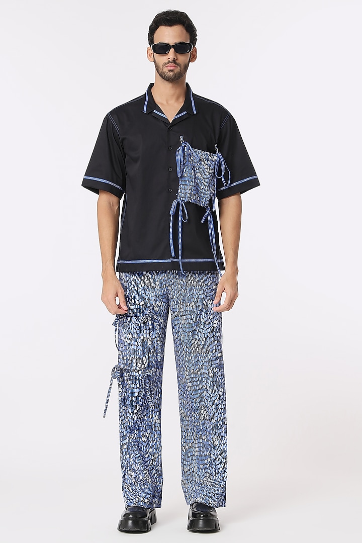 Blue & Black Cotton Satin Printed Pant Set by DARK HOUR