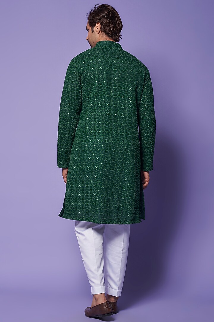 Emerald Green Georgette Thread & Sequin Embroidered Kurta Set by Darzi House at Pernia's Pop Up Shop