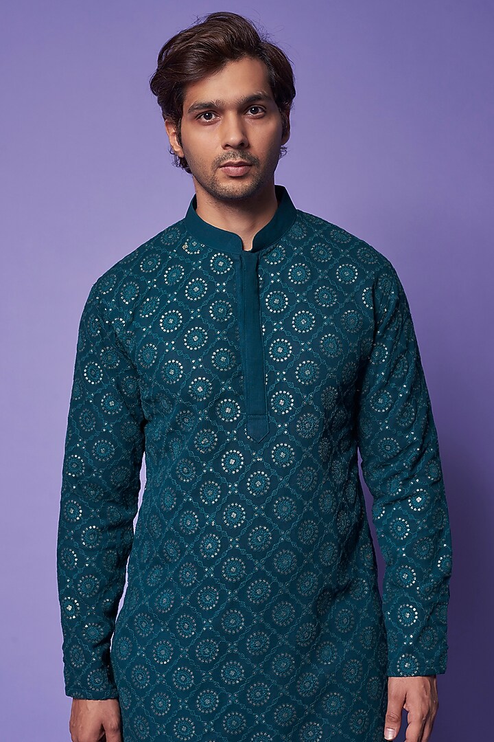 Denim Blue Georgette Embroidered Kurta Set by Darzi House at Pernia's Pop Up Shop