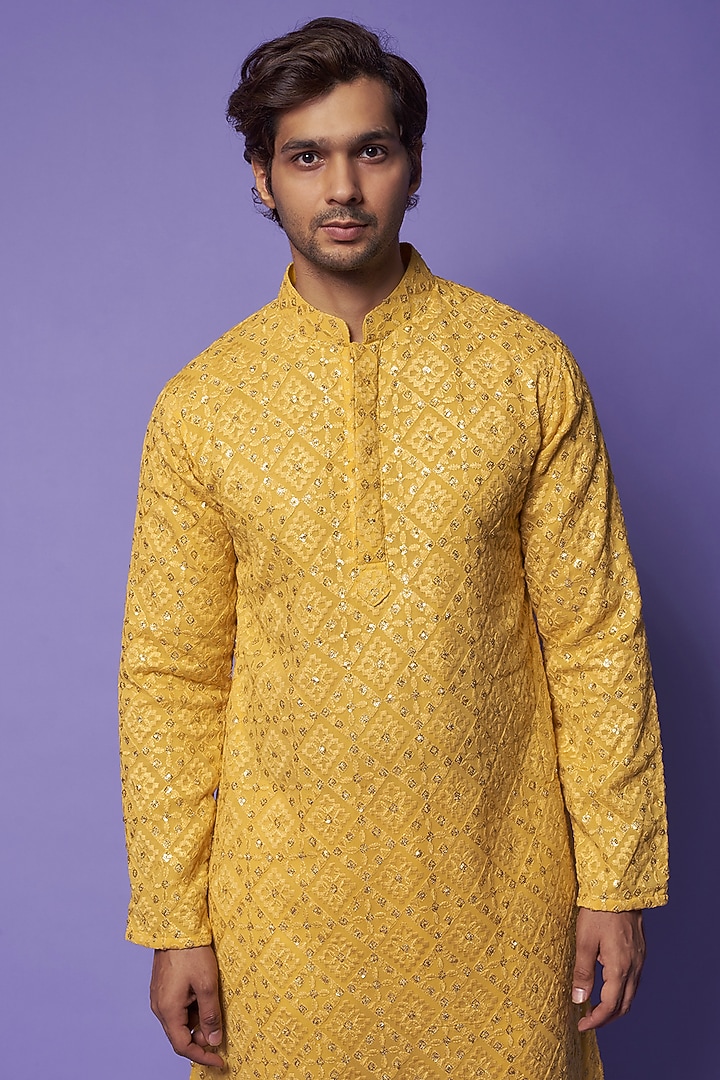 Mustard Yellow Georgette Embroidered Kurta Set by Darzi House at Pernia's Pop Up Shop