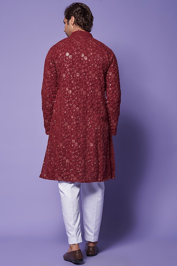 Maroon Georgette Embroidered Kurta Set by Darzi House at Pernia's Pop Up Shop