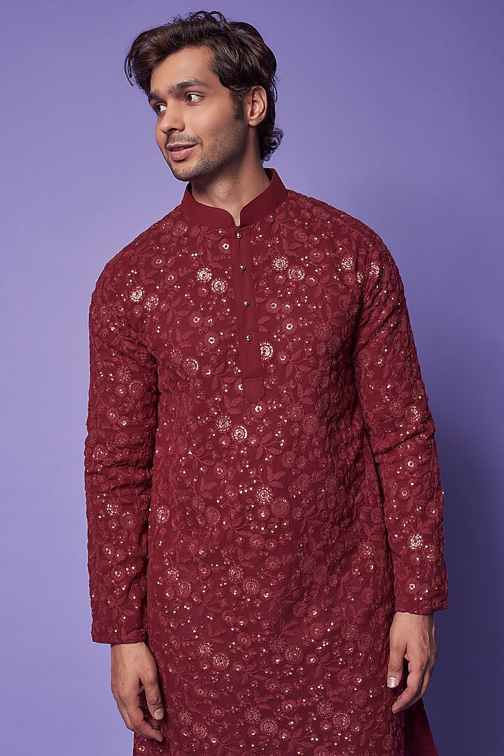 Maroon Georgette Embroidered Kurta Set by Darzi House at Pernia's Pop Up Shop