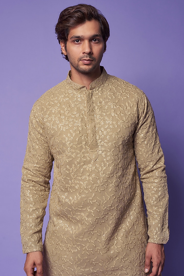 Beige Georgette Chikankari & Sequins Embroidered Kurta Set by Darzi House at Pernia's Pop Up Shop