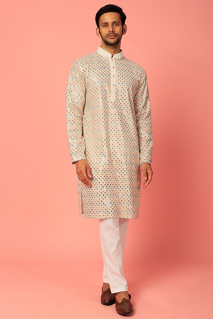 White Kurta Set With Embroidery by Darzi House